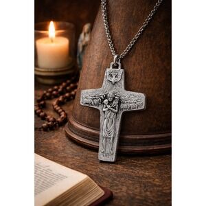 Vintage VEDELE Italy Silver Tone Cross Necklace Good Shepherd Catholic Christian
